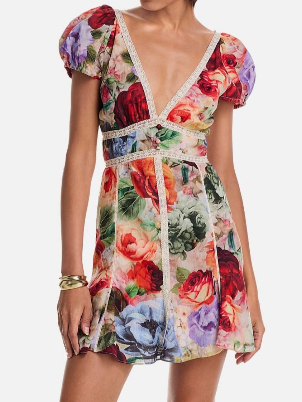 Alice and Olivia Women's Red Floral Lara Deep V-Neck Lace Trim Mini Dress Size 6